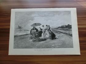 【现货 包邮】1886年木刻版画《海边写生》（Eine Studie vom Lido） 尺寸约40.8*27.5厘米 (602747）