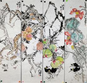 长安画派代表性画家，西安中国画院副院长【江文湛】花鸟四条屏