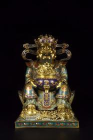 旧藏 铜鎏金掐丝珐琅文财神坐像