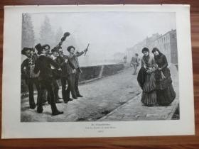 【现货 包邮】1886年木刻版画《晨曲》 一群少年向美女致意（Ein Morgenständchen）尺寸约40.8*29.0厘米  (602805）