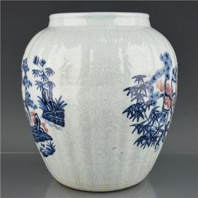 明永乐卵白釉雕刻开光青花釉里红松竹梅纹瓜棱罐k 34X30cm