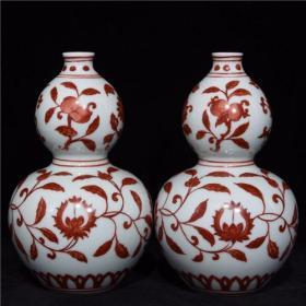 明矾红花卉纹葫芦瓶g  17x10cm