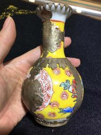 欧洲回流 中国 银镶瓷器花瓶 高13.5cm