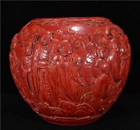 清雍正红釉雕刻十八罗汉纹苹果尊x  26x29cm