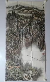 保真书画，陕西著名画家，梁耘四尺整纸山水画136.5×68.5cm一幅