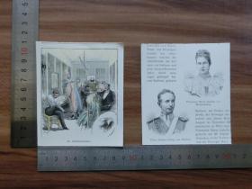 【现货 包邮】1890年小幅木刻版画《在更衣室里》(im ankleidezimmer)《公主玛丽亚伊莎贝拉、约翰乔治王子》(prinzessin maria isabella、prinz johann georg ) 尺寸如图所示（货号400361）