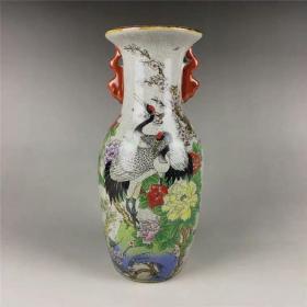 大清乾隆年制 粉彩福鹤寿图花瓶 古瓷器收藏博古架摆件工艺品