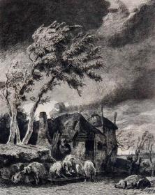 【大英博物馆藏画】1879年法国蚀刻铜版画《大风中农场的庭院》—荷兰动物画家“保卢斯·波特(Paulus Potter,1625-1654年)”作品 版画家：Léon Gaucherel 雕刻 法国ARCHES版画专用水印纸 43x30cm/此同版本版画被大英博物馆收藏，收藏编号：1880,0214.127（官网可查）雕刻版画 原版版画 古董版画 老版画 欧洲版画 西洋版画 收藏装饰