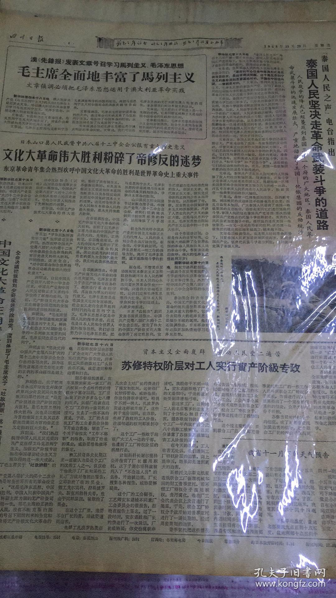 报纸—四川日报1968年11月20日（4开4版）
宣传贯彻十二中全会公报各项决议，是我省当前压倒一切的政治任务