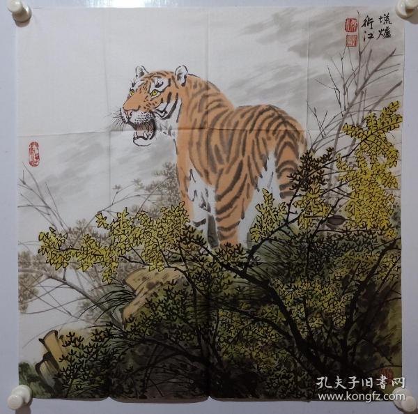 保真书画，当代画虎名家阴衍江国画《写意老虎》一幅，尺寸70×69cm