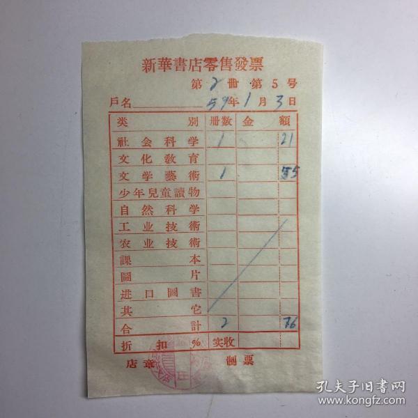 1959新华书店零售发票一张。