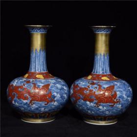 成化青花矾红龙纹鎏金赏瓶9GL  21.5x13.5cm