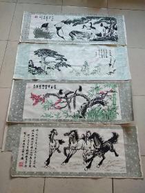 中国绒画(1松鹤延年，2迎客松，3喜鹊登梅，4奔马图，四幅合售)