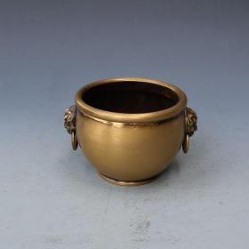 新品仿古青铜器纯铜储钱罐精美包浆黄铜乾隆年单耳狮子小铜缸摆件
