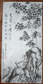 手绘真迹国画：李怡春《竹石图》