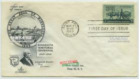1949年明尼苏达州开疆建立一百周年纪念邮票首日封实寄封