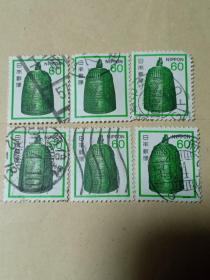 日本早期邮票 平等院梵钟 60日元 高面值信销票