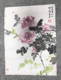 徐悲鸿弟子、著名画家、原上海市文史馆馆员 欧阳容 1986年水墨花卉《芙蓉牡丹》，纸本软片，钤印：欧阳容印、彭年，32*44cm