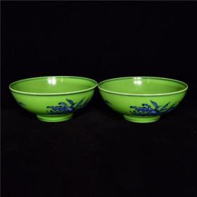 清雍正绿釉青花三果纹碗12LY  6x14.8cm