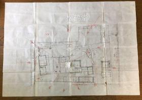 日本住宅风水堪舆勘察设计实物图1件，纸本，手书手绘，图面涉及房屋，池塘，周边田地等，中心并有八卦方位图等，版面大，朱墨黑墨双色，图面精美，老旧之物，整体保存较好，宝贵东亚风水堪舆类实物资料。