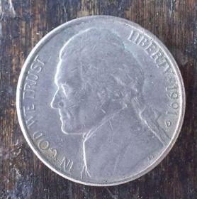 外国钱币-1991年美国5美分D硬币1