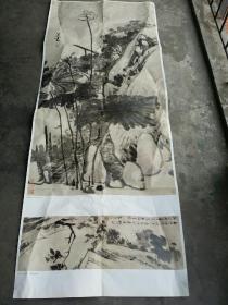 清  八大山人   朱耷     三张(169cm X69cm)合售    古木双鹰图(168cmX80cm)/松石牡丹图(180cmX95cm)  ///海棠春秋图(154cmX54cm)/墨荷图(185cmX91cm)///松鹿图(181cmX87cm)  /鸭(96cmX50cm)      如图，有折痕，皱痕，有损，有渍痕。