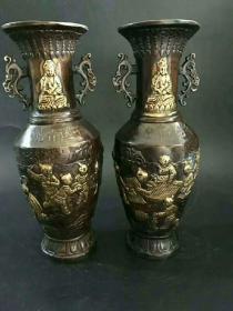 古玩铜器收藏 纯铜紫铜色鎏金观音送子花瓶 花插一对多子多孙摆件