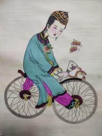 四川绵竹老木版年画版画《骑车仕女图》一幅