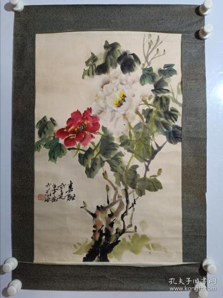 保真书画，已故海派名家陈世中先生牡丹国画一幅，原装裱镜心，尺寸68×43.5cm