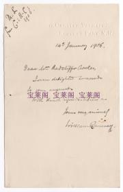 英国伟大化学家 诺贝尔化学奖得主 威廉·拉姆赛 William Ramsay 1906年亲笔信