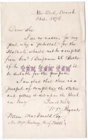 “美国的华兹华斯 ”美国自然主义诗人 威廉·卡伦·布莱恩特 William Cullen Bryant 1876年亲笔信