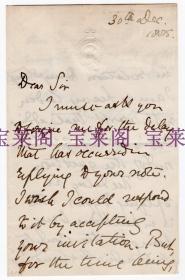 英国著名物理学家  "丁达尔效应" 发现者 约翰·丁达尔 John Tyndall 1885年亲笔信