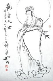 圆霖法师 观音大士 人物二尺中堂   手绘国画佛画