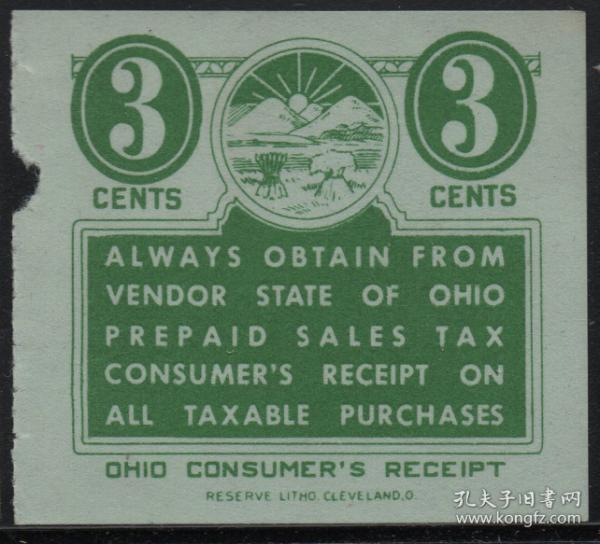 美国古典税票， 俄亥俄州早期预付农业销售税，3分