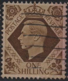英国邮票，1937-47年乔治六世国王，1先令高值，邮戳位置不同