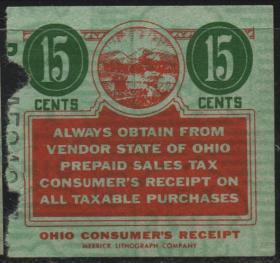 美国古典税票，俄亥俄州早期预付农业销售税， 15分