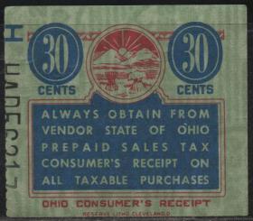 美国古典税票，俄亥俄州早期预付农业销售税，30分