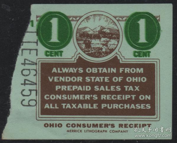美国古典税票， 俄亥俄州早期预付农业销售税，1分