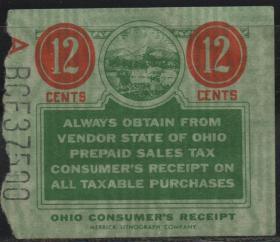 美国古典税票，俄亥俄州早期预付农业销售税 ，12分