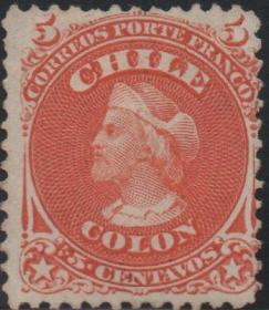 智利邮票ZB，1867年地理大发现，哥伦布发现美洲大陆，1c ， 轻贴