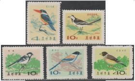 外国邮票ZC，朝鲜1965年野生动物鸟类，翡翠山雀蓝鹊蜡嘴鸟，5全