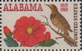 美国邮票D，1969年阿拉巴马州150周年，杜鹃花、鸟，1全