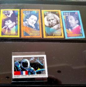 法国名人演员信销邮票4枚+1枚太空新邮票