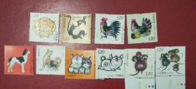 四轮猴鸡狗猪鼠生肖五套邮票，均带萤光码