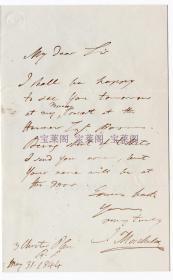 “德国著名钢琴家” “门德尔松 恩师” 莫谢莱斯（Ignaz Moscheles） 1844年亲笔信