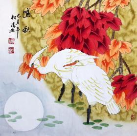 纯手绘工笔花鸟画斗方50*50厘米99元一幅包邮【鸣秋】工笔