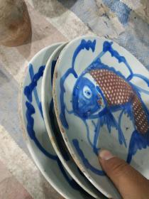 清代青花釉里红鲤鱼盘3件，品如图，近全品。