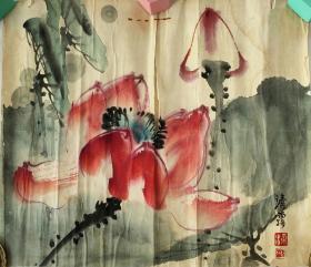 中国美术家协会会员 梁业鸿花鸟画 国画 荷花—《清露》
