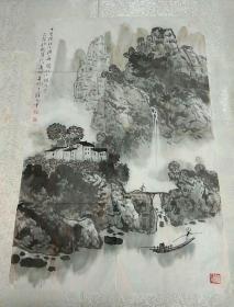 国家一级美术师 江苏知名画家  薛元中 已卯年水墨山水画  十里澄江小渔舟  45x69cm