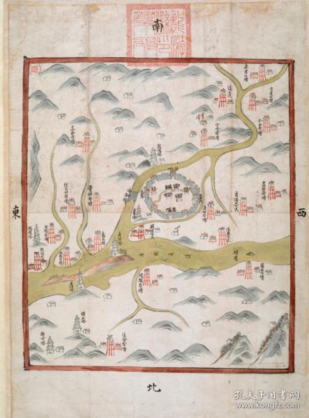【提供资料信息服务】清道光《龙游县图》（龙游老地图、龙游县老地图）绘制县城、山川、河流、关卡。上方盖龙游县印一方。龙游县地理地名历史变迁史料。原图高清复制。裱框后，风貌佳。